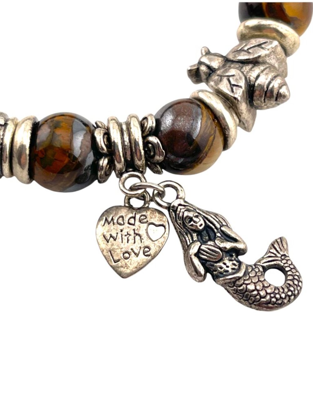 Tiger’s Eye Charm Bracelet Boho Stretch Beaded Silver Tone Mermaid Clover - Picture 6 of 11